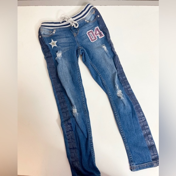 Justice Size 8 Girls Jeans Pull On Drawstring Simply Low Embellished Distressed - Picture 1 of 12